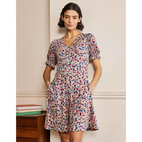 Boden V-Neck Puff Sleeve Floral Jersey Dress Riviera Blue Size 4 - Picture 1 of 7
